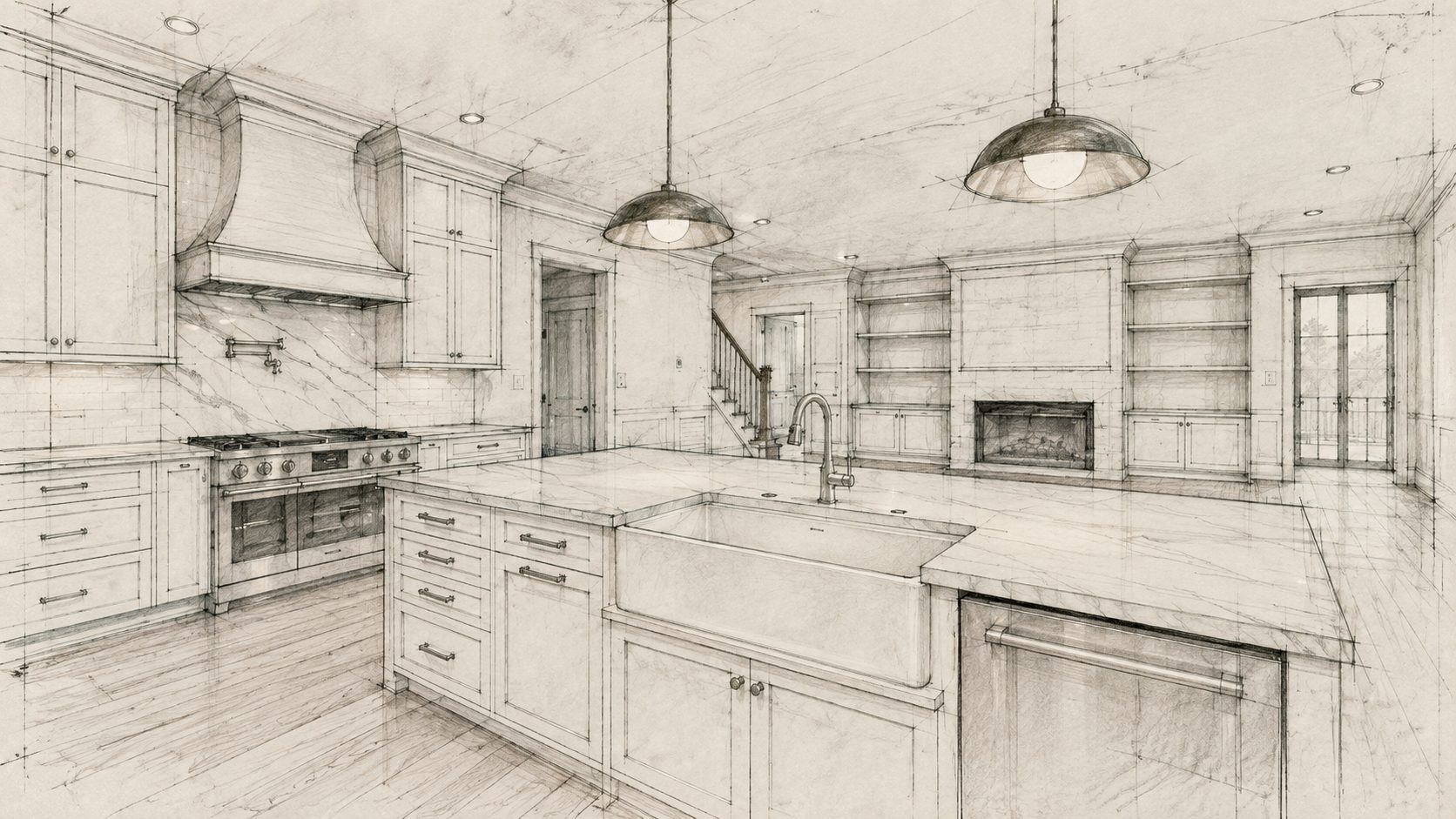 Pencil sketch of the kitchen