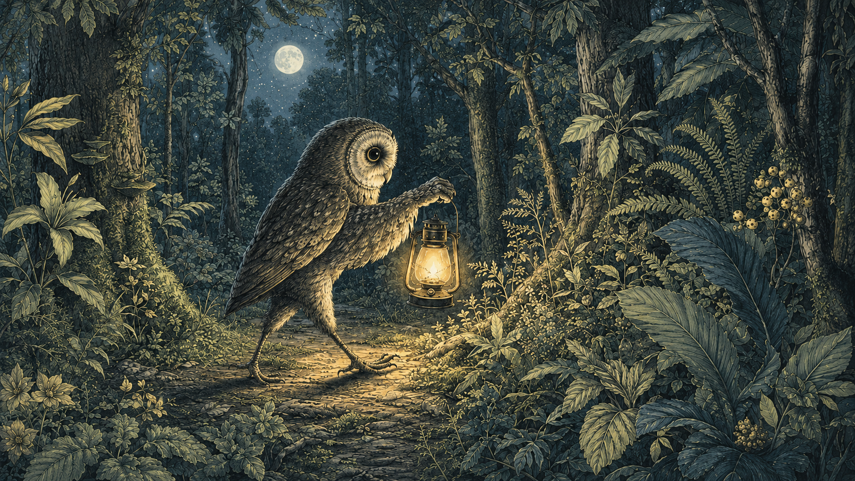 Carry the Light — an owl with a lantern in the forest